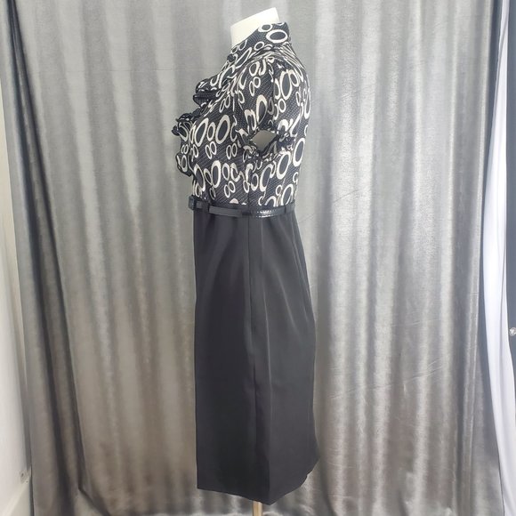Voir Voir Print Top Black Dress with Belt Size 8 Ruffled Neck Side Zip - Picture 7 of 14